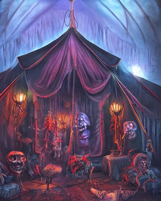 Image similar to the little circus of horrors, circus tent outside, creepy, hyper realistic, ambient lighting, horror art, hyper detailed, smooth