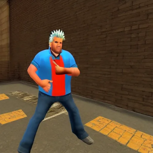 Prompt: in-game screenshot of Guy Fieri in Garrys Mod (2006)