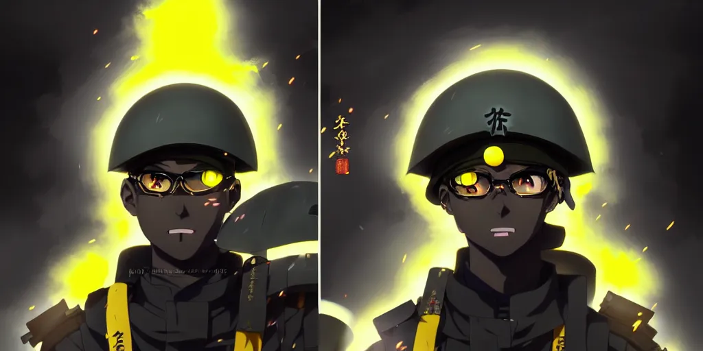 Prompt: anime portrait of a vicious helldiver scout soldier, black armor with yellow accents, in a japanese city street, concept art, by ilya kuvshinov, by makoto shinkai, anime, pixiv top monthly, trending on artstation, cinematic, danbooru, zerochan art, kyoto animation