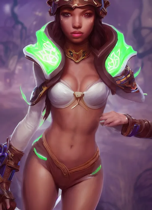 Image similar to senna from league of legends, au naturel, hyper detailed, brown skin, glowing green neon eyes, wearing white hood, digital art, trending in artstation, cinematic lighting, studio quality, smooth render, unreal engine 5 rendered, octane rendered, art style by klimt and nixeu and ian sprigger and wlop and krenz cushart