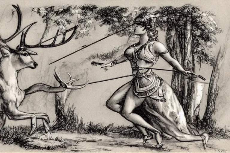 Image similar to Vintage, beautiful, sketch of the goddess artemis aiming a bow at a robot deer.