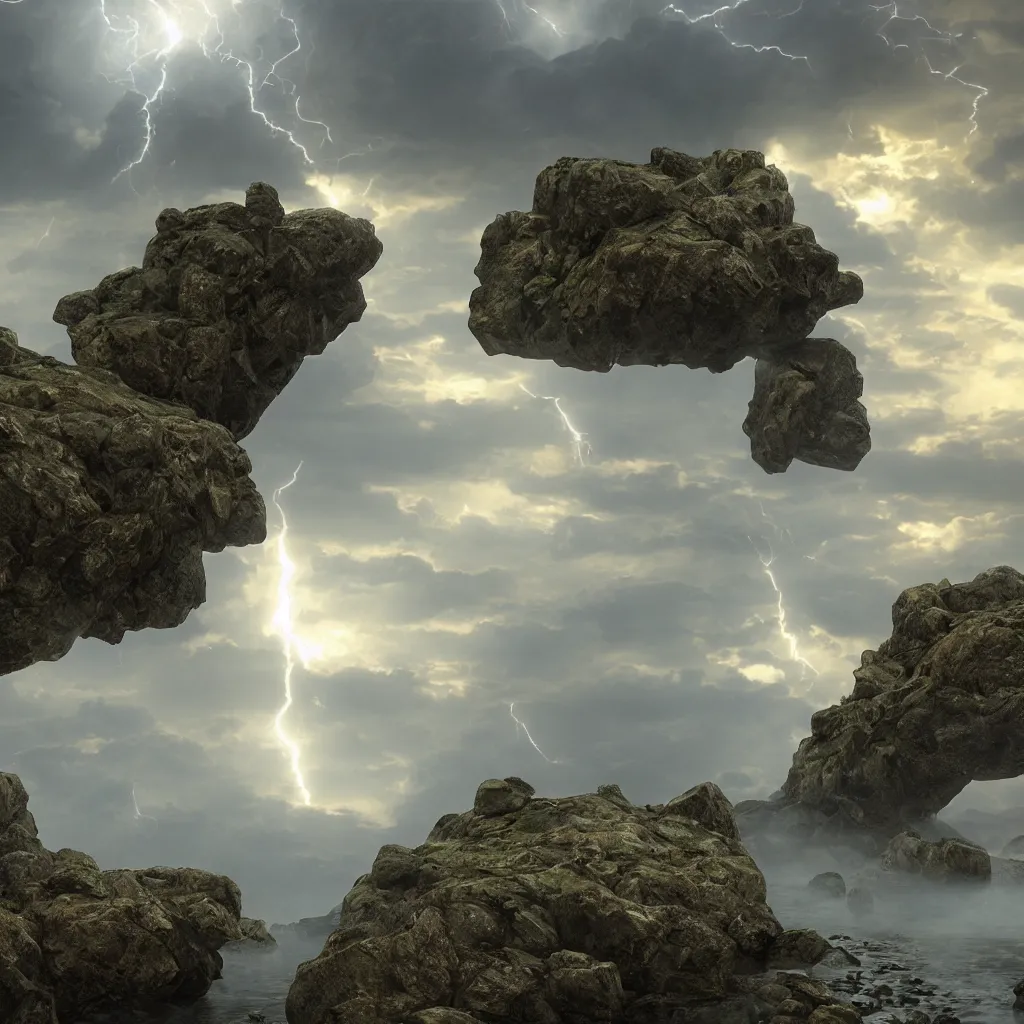 Prompt: Photorealistic epic landscape with magically floating rocks, with ominous storm clouds, glowing stones falling from the sky, a gentle rising mist. occult photorealism by Alphonse Maria Mucha, UHD, amazing depth, glowing, golden ratio, 3D octane cycle unreal engine 5, volumetric lighting, cinematic lighting. Hyperdetailed photorealism, epic scale, misty, 108 megapixels, amazing depth, glowing rich colors, powerful imagery, psychedelic Overtones, concept art