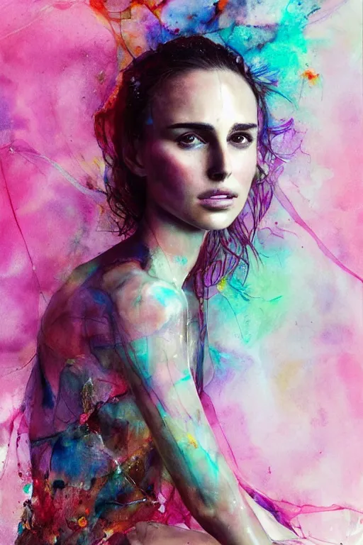Prompt: nathalie portman by agnes cecile enki bilal moebius, intricated details, sitting on a stool, full body portrait, extremely luminous bright design, pastel colours, drips, autumn lights