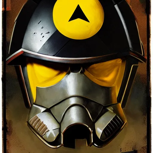 Image similar to portrait of a mutant chronicles bauhaus doomtrooper, on his helmet is a yellow smiley sticker by greg rutkowski