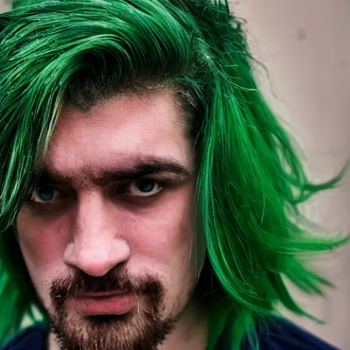 Image similar to a sad man with green hair