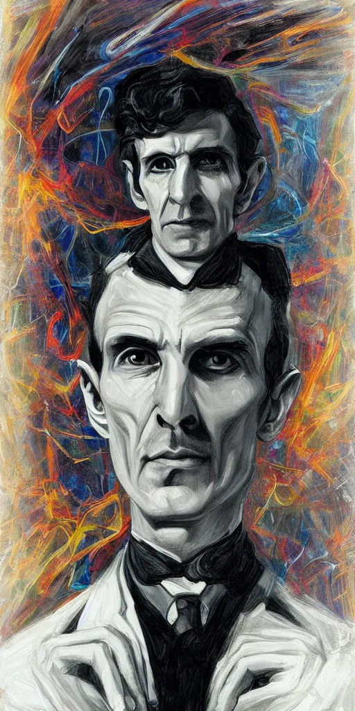 Prompt: nikola tesla holding energy psytrance portrait artwork, by sam spratt