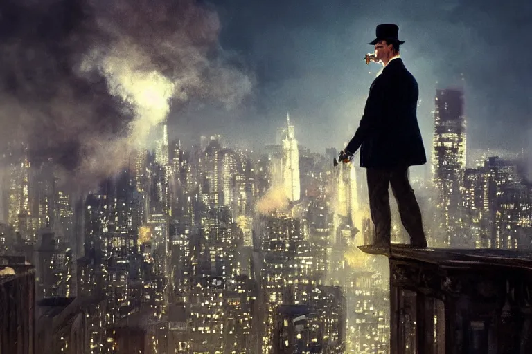 Prompt: beautiful face, portrait profile sherlock holmes tobacco pipe on a perch facing the city at night, smoke rising from pipe, smooth, focus, highly detailed, hyper realistic, dramatic lighting, intricate, concept art, new york skyline, looking down, movie still, art by wlop, greg rutowski, artstation