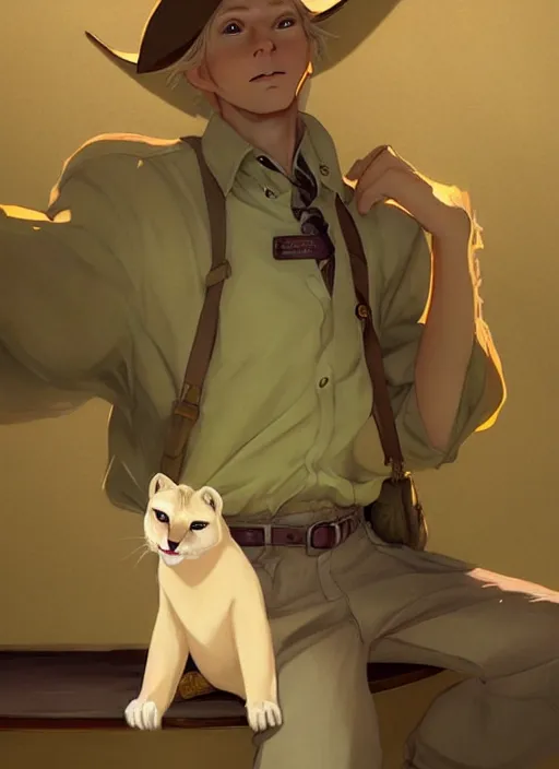 Prompt: beautiful portrait commission of a male furry anthro!!! albino mountain lion wearing a yellow button-down shirt, olive green slacks, and suspenders. Atmospheric. Old-timey saloon. Character design by charlie bowater, ross tran, artgerm, and makoto shinkai, detailed, inked, western comic book art