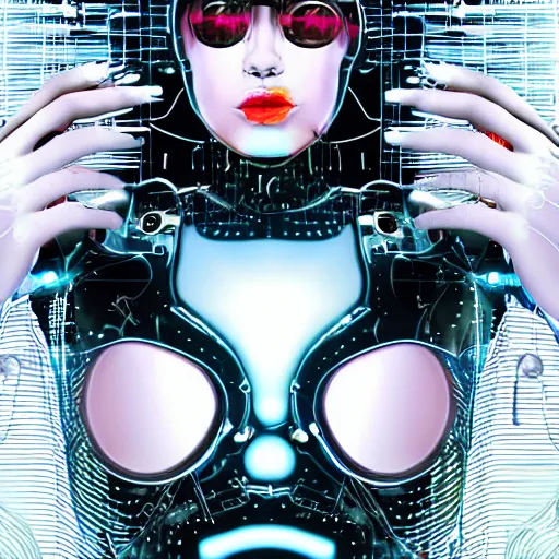 Image similar to art of female cyborg playing techno music, choker, wires, trippy space background, realistic