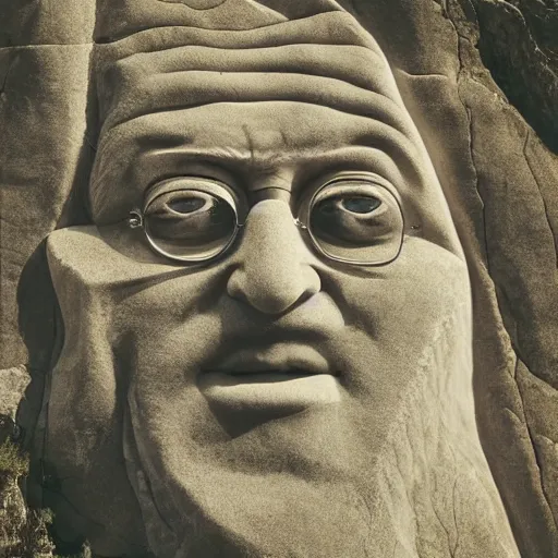 Prompt: bird view of a mountain with a huge face of john lennon carved in the rock, photorealistic, cinematic