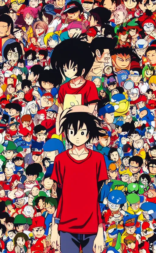 Image similar to manga, matte, toriyama akira, portrait girl character, modern clothing, sneakers, pop culture, red shirt, arcade cabinet for games