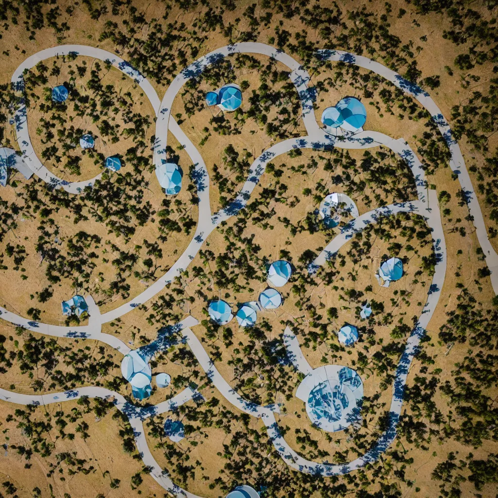 Prompt: aerial view of beautiful and artistic futuristic commune in the australian outback, parks, recreation, village, high technology, biomimetic, urban planning, XF IQ4, 150MP, 50mm, F1.4, ISO 200, 1/160s, natural light