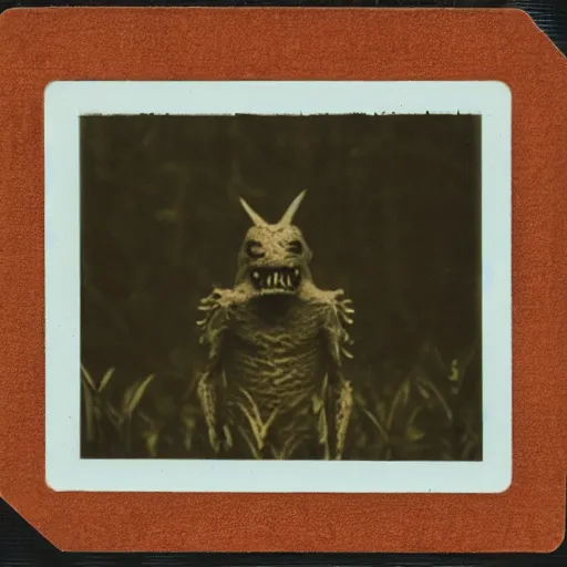 Prompt: an old polaroid of a creepy monster in a cornfield