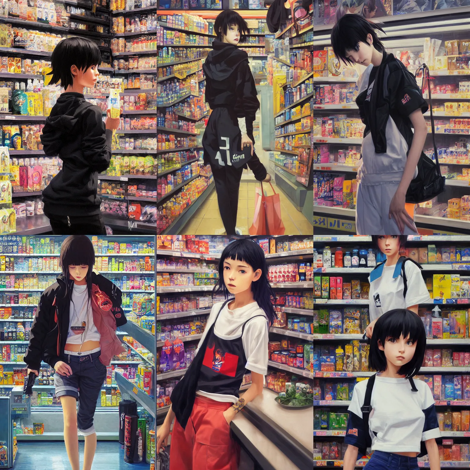 Prompt: A ultradetailed beautiful panting of a stylish girl wearing streetwear in a convenience store, Oil painting, by Ilya Kuvshinov, Greg Rutkowski and Makoto Shinkai