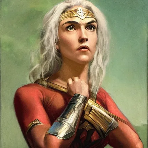 Image similar to highly detailed portrait of wonder woman with white hair and glowing green eyes, ultra realistic, 4 k, painted by gustave courbet,