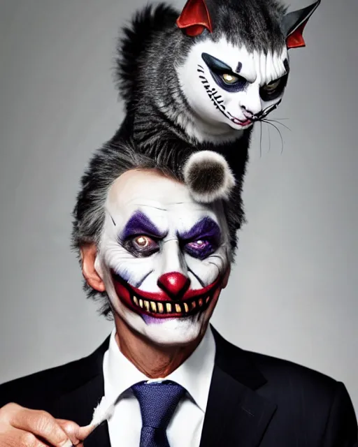 Image similar to Mauricio Macri in Elaborate Joker Makeup and prosthetics designed by Rick Baker, Hyperreal, Head Shots Photographed in the Style of Annie Leibovitz, Studio Lighting, Mauricio Macri with an angry cat in his hand