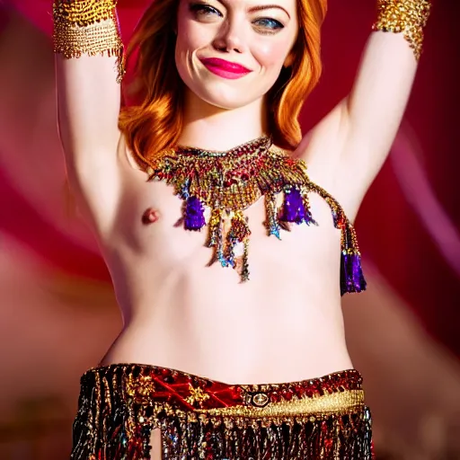 Image similar to a beautiful portrait of emma stone as a belly dancer, arabian night, high quality, fully detailed, 4 k