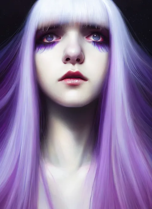 Image similar to hair whitebangs hair, black hair, whitebangs, portrait of teenage girl with white bangs, red irises, purple clothes, white bangs, bangs are different color from hair, intricate, elegant, glowing lights, highly detailed, digital painting, artstation, concept art, smooth, sharp focus, illustration, art by wlop, mars ravelo and greg rutkowski