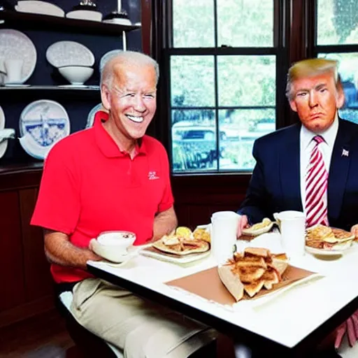 Image similar to photograph of trump and Biden sitting and eating breakfast at a Wafflehouse