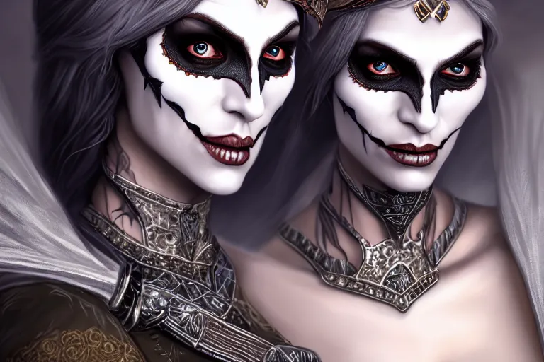 Image similar to a full portrait of a beautiful woman wearing, wearing extremely detailed attire, slim complexity, extremely detailed white eyes, medievil, dnd, extremely detailed, high quality, trending on artstation, photo realistic