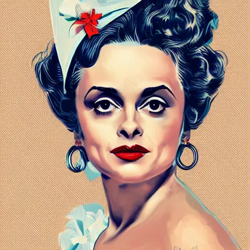 Image similar to pin-up Helena Bonham Carter, 50’s style, illustration, highly detailed, digital painting, concept art