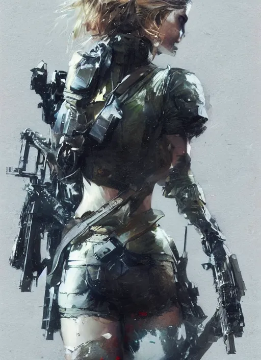 Image similar to Margot Robbie wearing metal gear armor holding rifle dramatic lighting art by Yoji Shinkawa by Richard Schmid by greg rutkowski by Sandra Chevrier by Jeremy Lipking cinematic dramatic