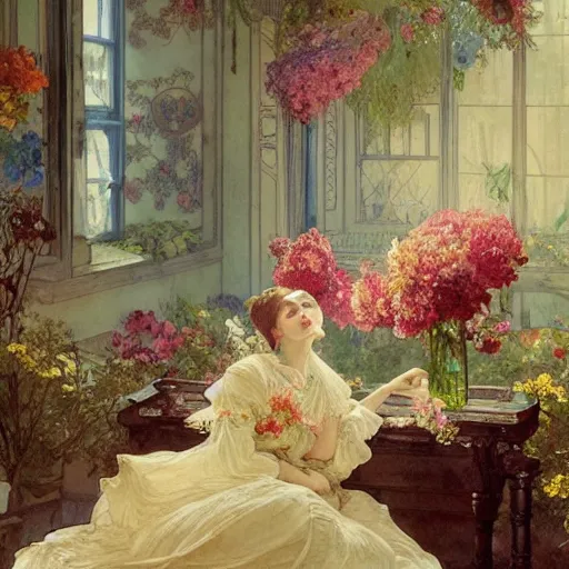 Image similar to a beautifull intricate watercolour painting of a victorian room with flowers, reflexions, verry high details by william turner art, greg rutkowski and alphonse mucha, trending on artstation, very very detailed, masterpiece, wide lens,