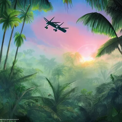 Image similar to a crashed plane in a jungle!, mist, tropical trees, vines, birds, sunset!, fluffy clouds, warm colors, beautiful lighting, digital art, intricate details, trending on artstation