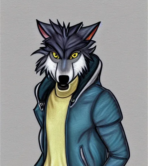 Image similar to expressive stylized master furry artist digital colored pencil painting full body portrait character study of the sergal wolf fursona animal person wearing clothes jacket and jeans by master furry artist blotch