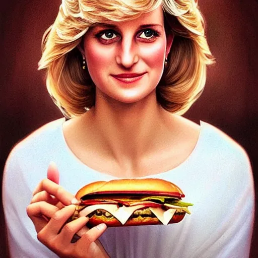 Image similar to portrait of a Princess Diana eating a hamburger, extra onions and ketchup, luscious patty with sesame seeds, masculine, handsome, D&D, fantasy, intricate, elegant, highly detailed, digital painting, artstation, concept art, matte, sharp focus, illustration, art by Artgerm and Greg Rutkowski and Alphonse Mucha