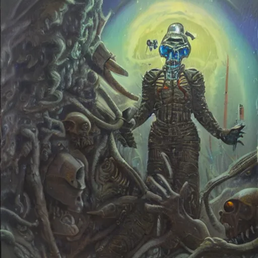 Prompt: the dirdir by jack vance, mike mignogna, highly detailed, vintage dark sci fi, oil painting