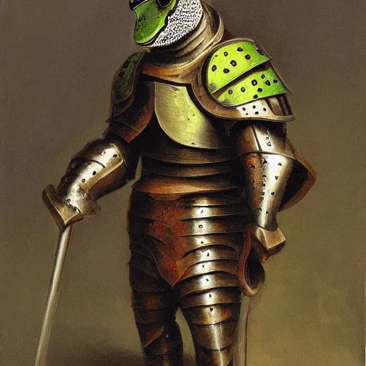 Prompt: frog wearing knight armor, painting