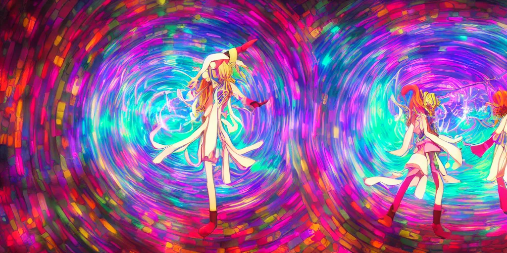 Prompt: Dreamy psychedelic anime, extremely colorful, geometric, Madoka witch labyrinth, patchwork, photoshop, HDR, 4k, 8k, abstract, two anime girls standing within two raging colorful vortexes