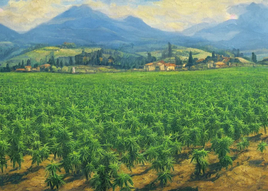 Prompt: cannabis fields in italian landscape, oil painting