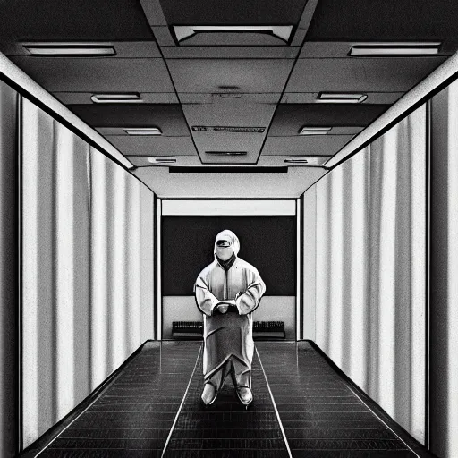 Image similar to a surgeon standing in an empty operating theater, artstation, digital art, law of thirds, black and white