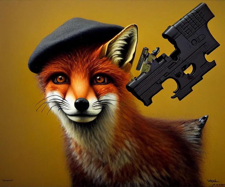 Prompt: hyper detailed 3d render like a Oil painting - portrait of an anthro fox wearing a beret and pointing a glock at the camera, by Jacek Yerka, Mariusz Lewandowski, Houdini algorithmic generative render, Abstract brush strokes, Masterpiece, Edward Hopper and James Gilleard, Zdzislaw Beksinski, Mark Ryden, Wolfgang Lettl, hints of Yayoi Kasuma, octane render, 8k