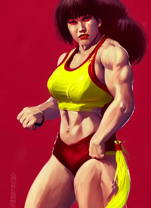 Prompt: wwf female wrestler 1 9 9 0, wide angle view, red and yellow color scheme, highly detailed, artgerm, cushart krenz, king of fighters style, trending on artstation, soft light, sharp focus, illustration, character design, concept art