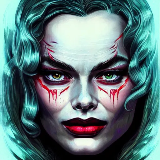 Image similar to “A portrait of a demonic Margot Robbie, digital art by Dan Mumford and Peter Mohrbacher, highly detailed, trending on DeviantArtHQ”