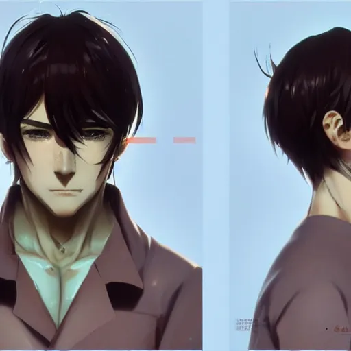 Prompt: insanely detailed. by wlop, ilya kuvshinov, krenz cushart, greg rutkowski, pixiv. zbrush sculpt, octane, maya, houdini, vfx. close - up gorgeous attractive cg anime male character with long hair, parted in the middle, with brilliant green glowing eyes. cinematic dramatic atmosphere, sharp focus, volumetric lighting.