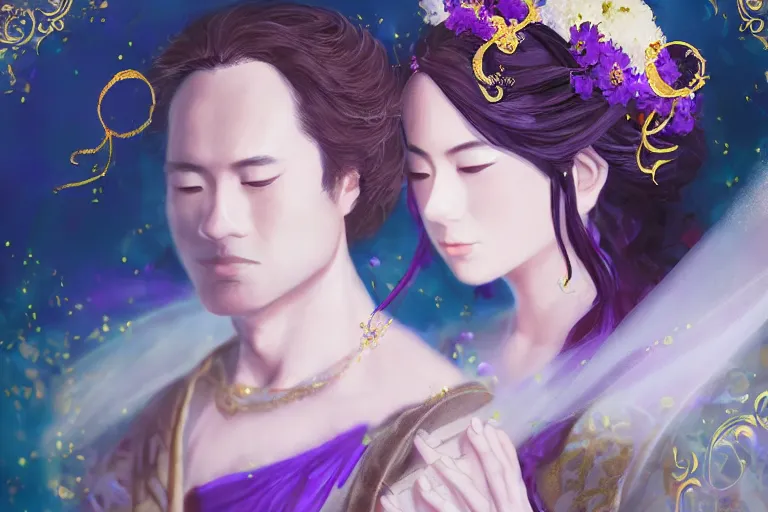 Image similar to a cinematic portrait of wedding photograph jpeg close up moment of a divine a japan sun god and moon goddess lovers magician at a wedding banquet. portraiture. digital painting. artstation. concept art. fantasy wedding photo. digital painting, 8 k realistic, hyper detailed, violet evergarden art masterpiece by art by krenz cushart