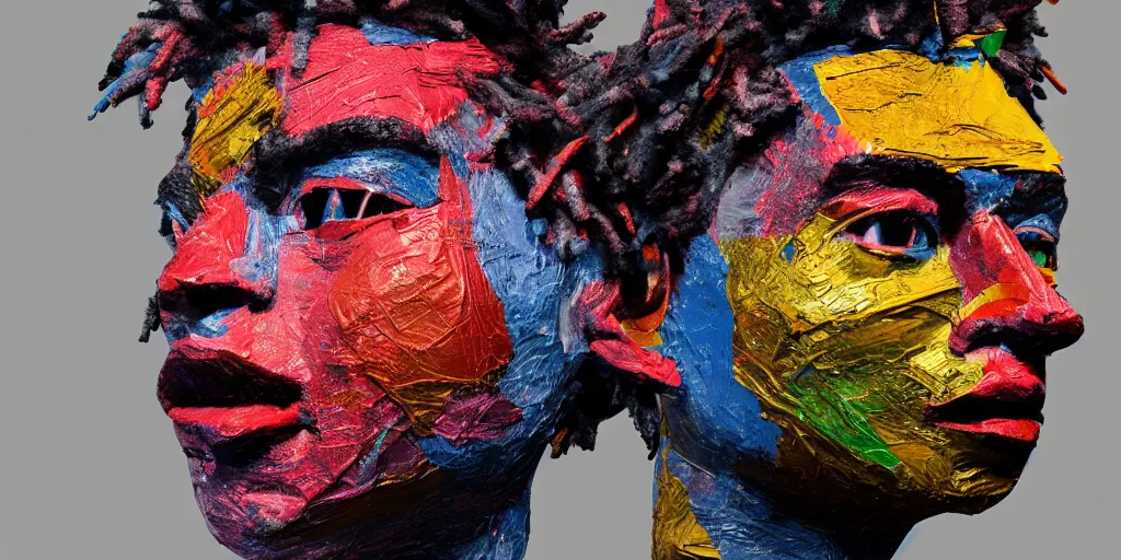 Image similar to a perfect bust of Jean-Michel Basquiat made out of crumpled colored foil, 3D cinematic lighting, spotlight at a 90 DEGREE ANGLE, photorealism, octane render, depth of field, 8k, 35mm, artgem, Trending on artstation