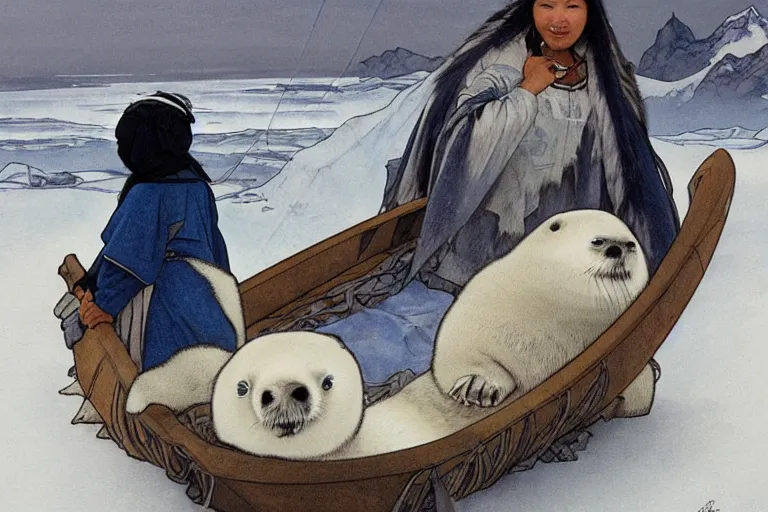 Prompt: a Inuit hauling a baby harp seal in a net, gray and blue and white colors, water color, art by artgerm and greg rutkowski and alphonse mucha and jin xiaodi and anthony devine