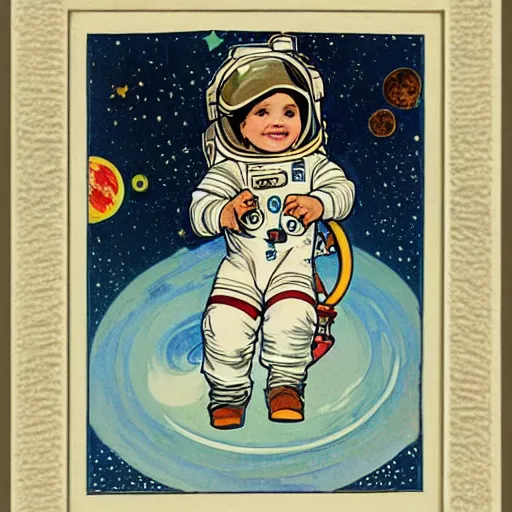 Image similar to a cute little girl with a round cherubic face, blue eyes, and short wavy light brown hair smiles as she floats in space with stars all around her. she is an astronaut, wearing a space suit. beautiful cartoon painting with highly detailed face by alphonse mucha and quentin blake