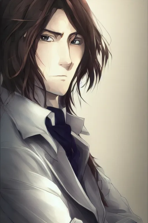 Image similar to portrait of an anime guy with long stylish hair wearing detective clothes while thinking deeply, wlop, trending on artstation, deviantart, anime key visual, official media, professional art, 8 k uhd