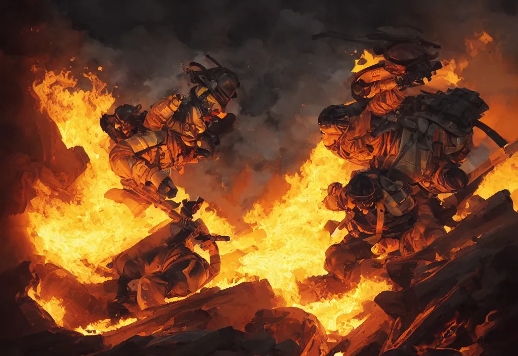 Image similar to heroic firefighter in action in black and yellow uniform, fire flames, sharp details, sharp focus, elegant, highly detailed, illustration, by jordan grimmer and greg rutkowski and pine ( ハイネ ) and 薯 子 imoko and 香 川 悠 作 and wlop and maya takamura, intricate