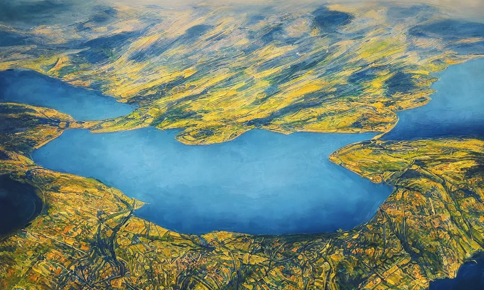 Image similar to nordic fjord, summer morning light, aerial view, beautiful landscape, cinematic light, soft illumination, cinematic composition, wide - angle, atmospheric, oil painting, trending on artstation