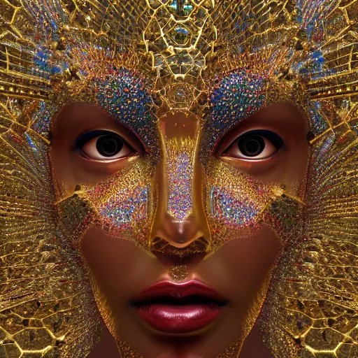 Image similar to a beautiful symmetrical face made of crystals,golden ornaments by alex gray and android jones, 3D, 8k resolution