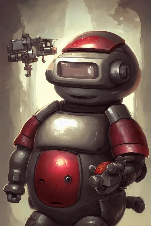 Image similar to cute fat robot with a electric machine gun, tiny, small, miniature , short, red lights, screen face, angry and adorable, fatty, DnD character art portrait, matte fantasy painting, DeviantArt Artstation, by Jason Felix by Steve Argyle by Tyler Jacobson by Peter Mohrbacher, cinematic lighting