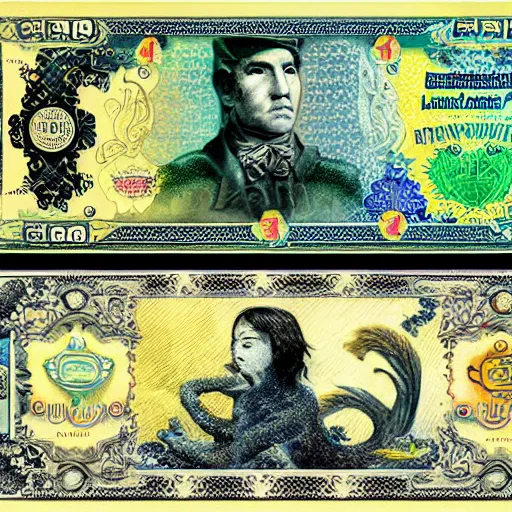 Prompt: banknotes featuring mythical creatures