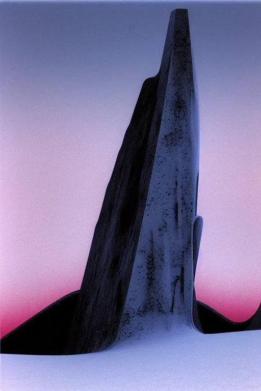 Image similar to emissary space by arthur haas and bruce pennington and john schoenherr, cinematic matte painting, minimal modern, zaha hadid building in the mountains with snow, dark monochrome color palate, pink sunset,